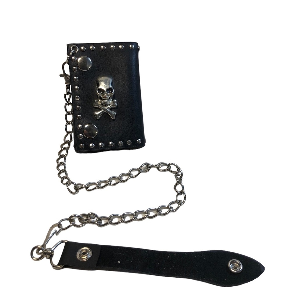 Skull faux Leather Chain Studded Trifold Wallet